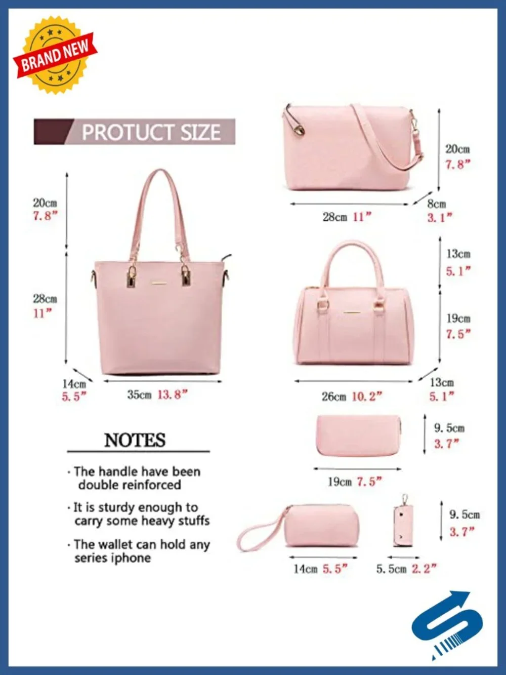 6 Piece Faux Leather Purse Set Tote Satchel Shoulder Bag w Clutch